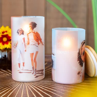 Houten kaarshouder met full colour print - Set van 2
